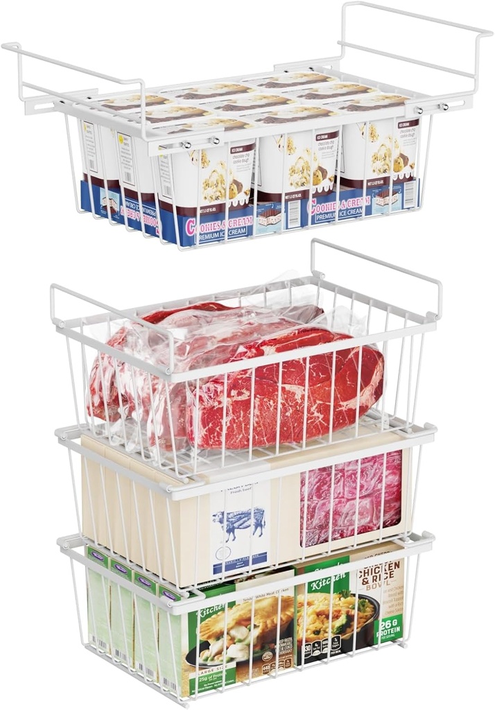 iSPECLE Deep Freezer Organizer Bins - 15.2"~17.5" Freezer Baskets for Chest Freezer, 5 Cu.FT Deep Chest Freezer Organizer Bins, 1 Expandable Hanging Basket and 3 Pack Stackable Bins, 4 Pack White