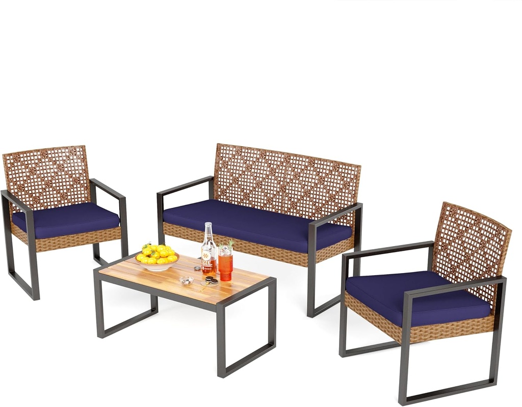 PHI VILLA Patio Wicker Furniture Set for 4, Brown Rattan Loveseat & Chairs with Blue Cushions & Acacia Wood Coffee Table, Outdoor Modern Sectional Conversation Sofa Set for Deck, Yard, Porch
