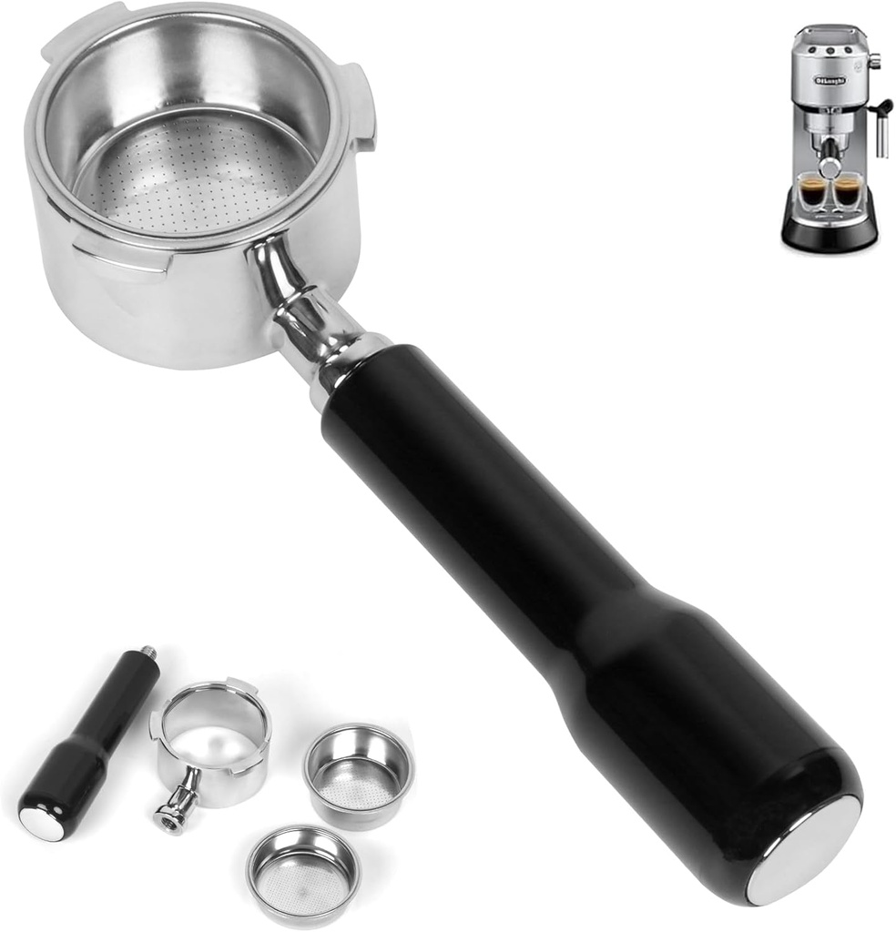 51mm Bottomless Portafilter, 3-Ear Design, Only Compatible with Delonghi Dedica EC680/EC685, Stainless Steel 51mm portafilter with Single/Double Shot Capacity Cup, 2 Filter Basket, Black