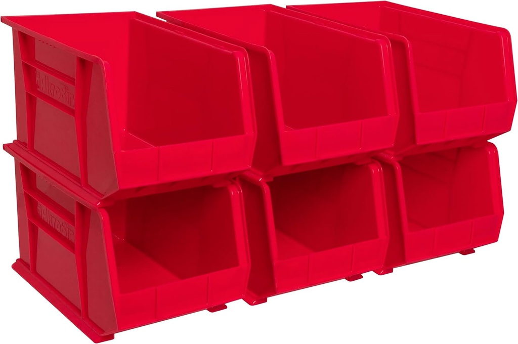 Akro-Mils 30260 AkroBins Plastic Storage Bins, Space-Saving Stackable Bins for Garage, Pantry, Craft Organization, 18" x 11" x 10", Red, 6-Pack
