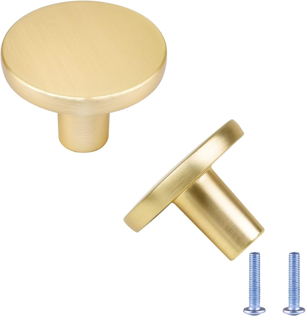Round Cabinet Knobs Brushed Gold Dresser Knobs Kitchen Zinc Alloy Cupboard Wardrobe Drawer Pulls Door Single Hole Hardware Drawer Handles, 2 Pack