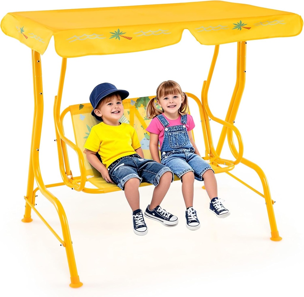 HONEY JOY Kids Patio Swing, 2-Seater Outdoor Porch Swing Lounge Chair, Adjustable Canopy & Safety Belt, All Weather Resistant Waterproof Hanging Swing Bench for Garden Pool Balcony(Yellow Dinosaur)