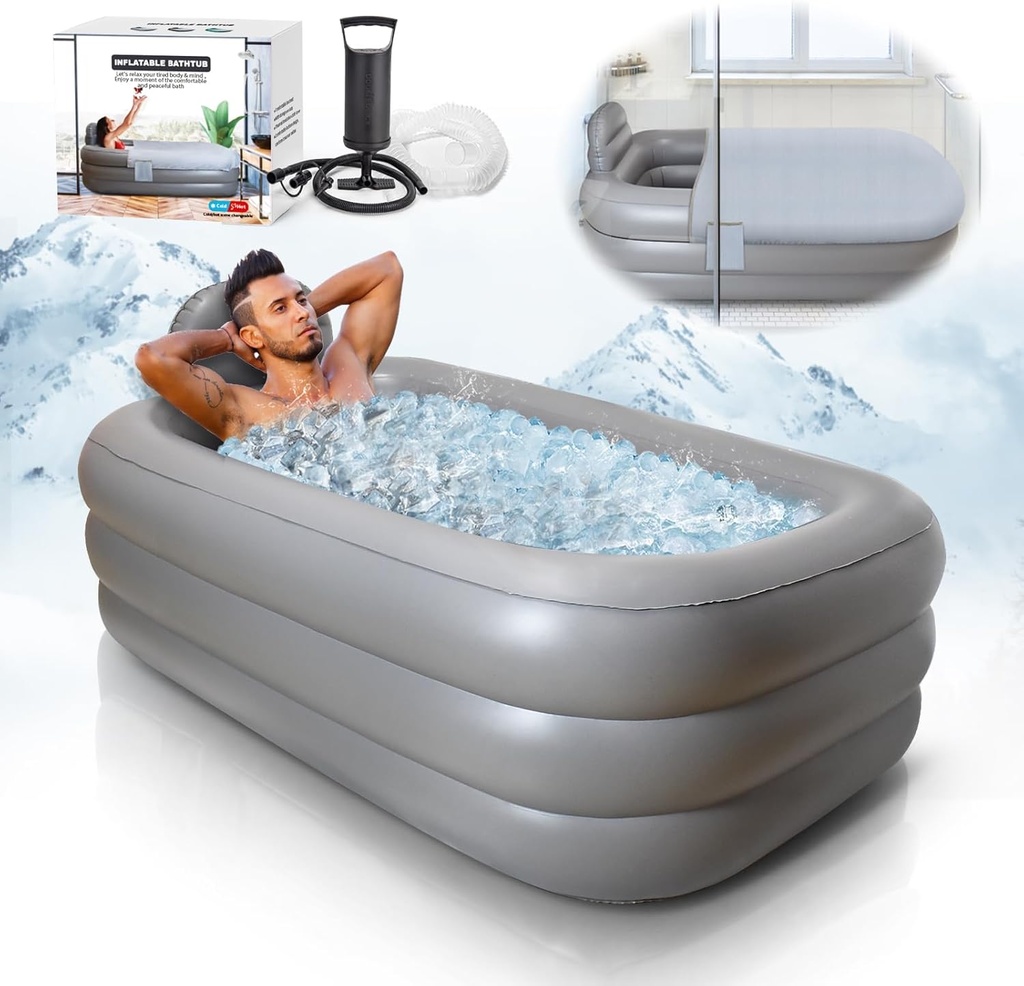 Inflatable Bathtub Adults - Blow Up Bathtub Adult for Indoor Shower Use, Portable Bathtub Adult with Cover, 62.2x37.4x17.72in, Light Grey