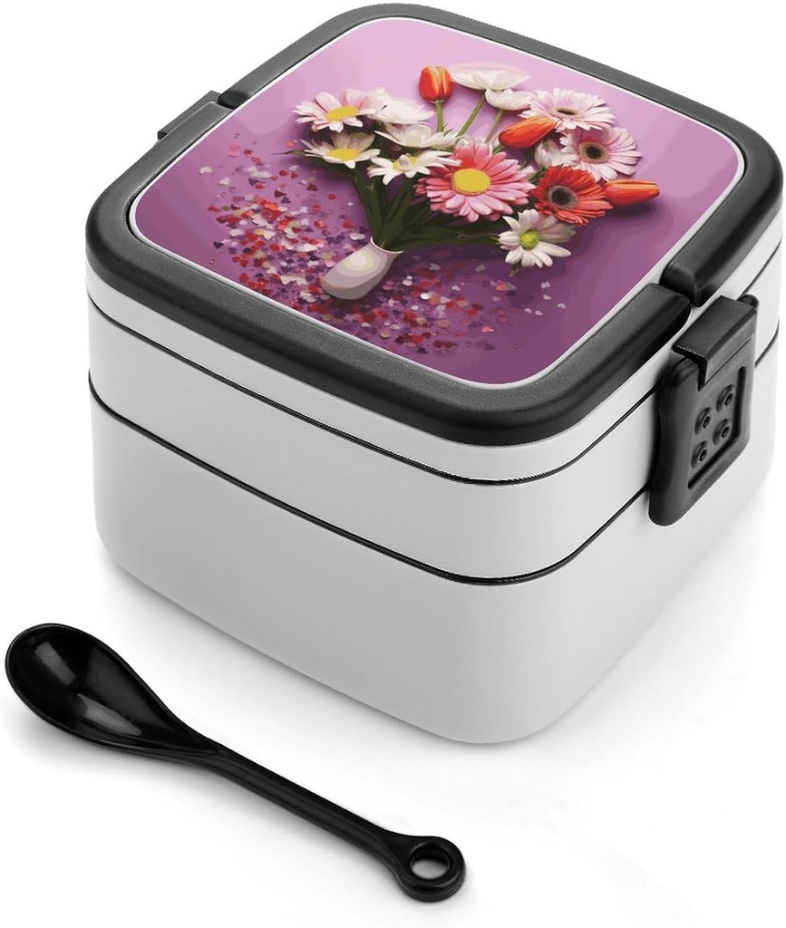 Fresh Flowers Bento Box Adult Lunch Box All-in-One Lunch Containers with Removable Compartments Double Layer Bento Lunch Box with Spoon And Handle Stackable Lunchbox