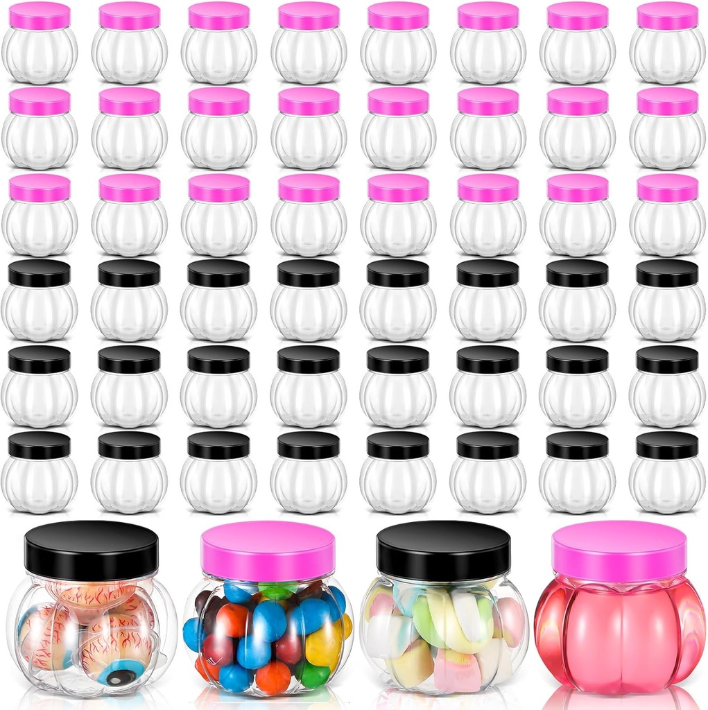 Hsei 50 Pcs 5 Oz/ 150 ml Plastic Pumpkin Candy Jars Halloween Large Candy Bowl Fall Thanksgiving Jar with Lids Plastic Pumpkin Containers for Halloween Party Decoration (Hot Pink,Black)