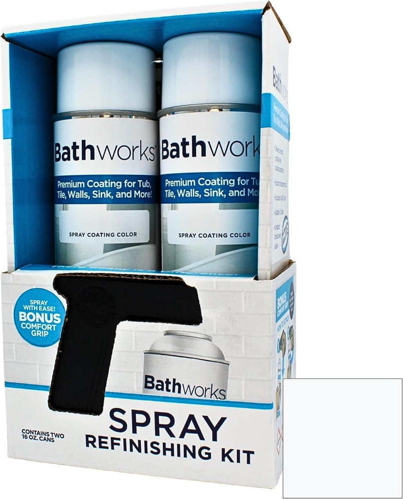 Bathworks Bathtub Refinishing Kit (WHITE); 2 Spray Cans; for Tub, Tile, & More; 32oz of Resin Paint; 24-hour dry time; with bonus comfort grip