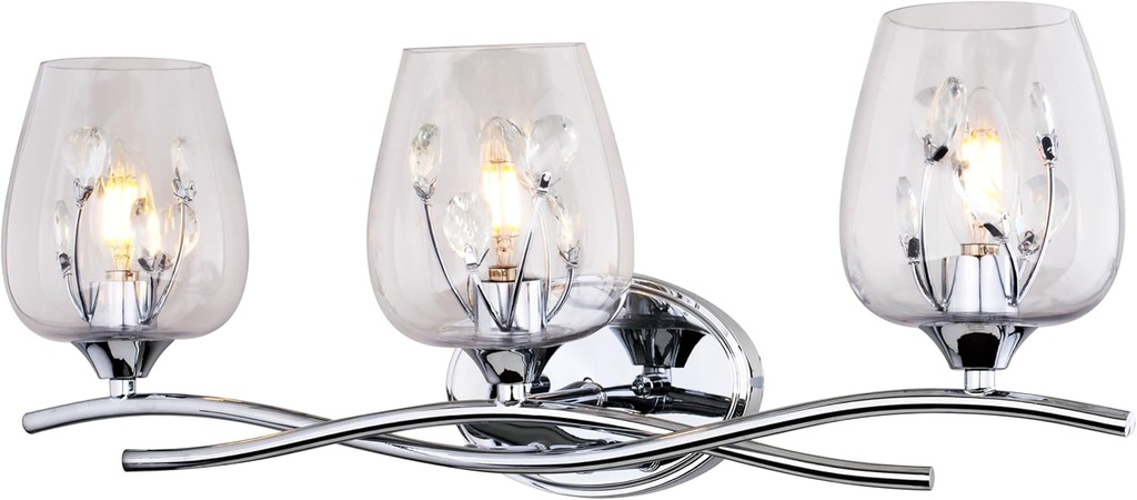 VAXCEL Wilmette 3-Light 24 in. Wide Chrome Glam Bathroom Vanity Lighting Fixture, Clear Glass Shade, Dimmable, LED Compatible, Over The Mirror Mounted Metal Wall Sconce