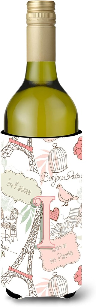 Caroline's Treasures CJ2002-ILITERK Letter I Love in Paris Pink Wine Bottle Hugger Bottle Cooler Sleeve Hugger Machine Washable Collapsible Insulator Beverage Insulated Holder