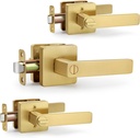 Square Privacy Gold Door Handles (No Key) for Bathroom and Interior Closet, Heavy-Duty Brushed Gold Reversible Door Lever, Satin Brass, 3 Pack