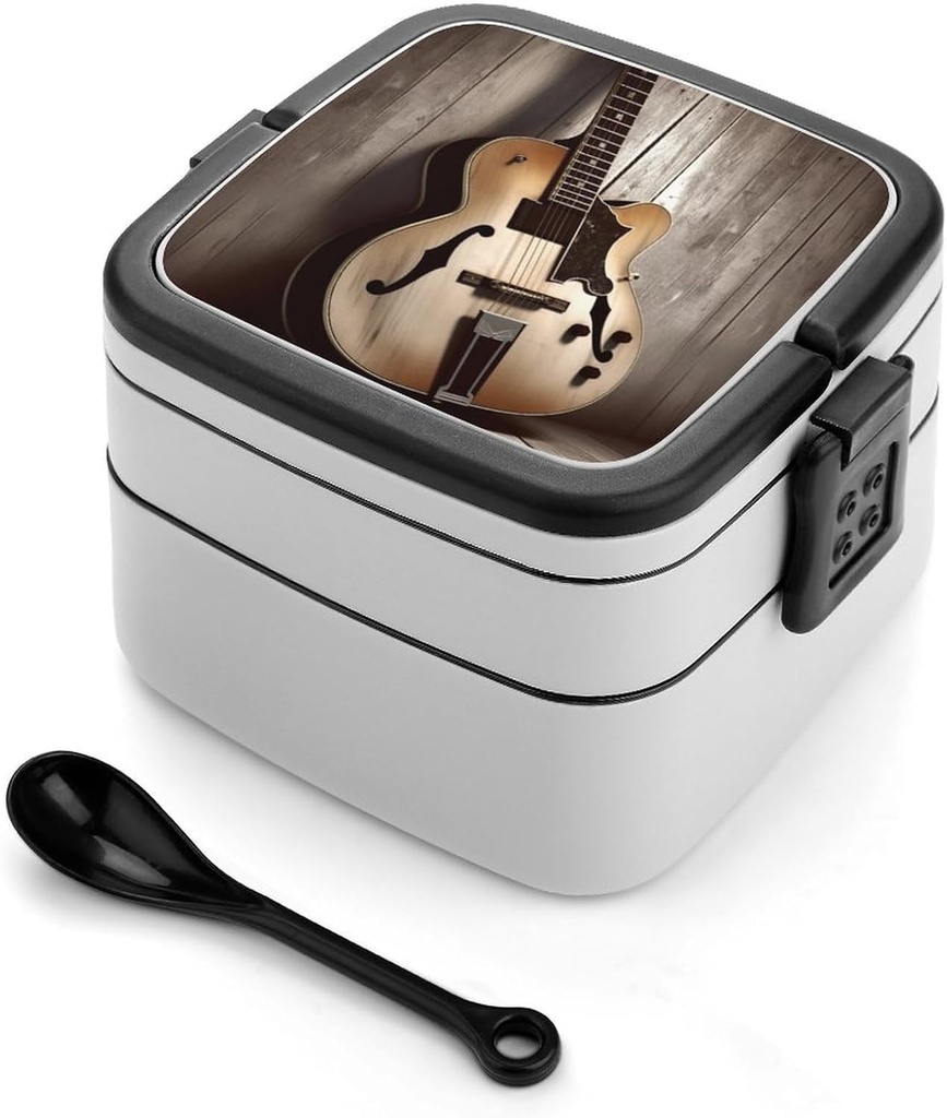 Guitar Pictures Bento Box Adult Lunch Box All-in-One Lunch Containers with Removable Compartments Double Layer Bento Lunch Box with Spoon And Handle Stackable Lunchbox