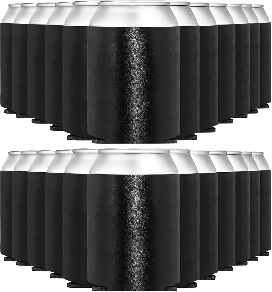 25-Pack Black Blank Beer Can Cooler Sleeves, PU Leather Insulated Can Sleeves for 12oz & 16oz Soda, Beer & Water Bottles, HTV & Sublimation-Friendly for DIY, Weddings & Gifts