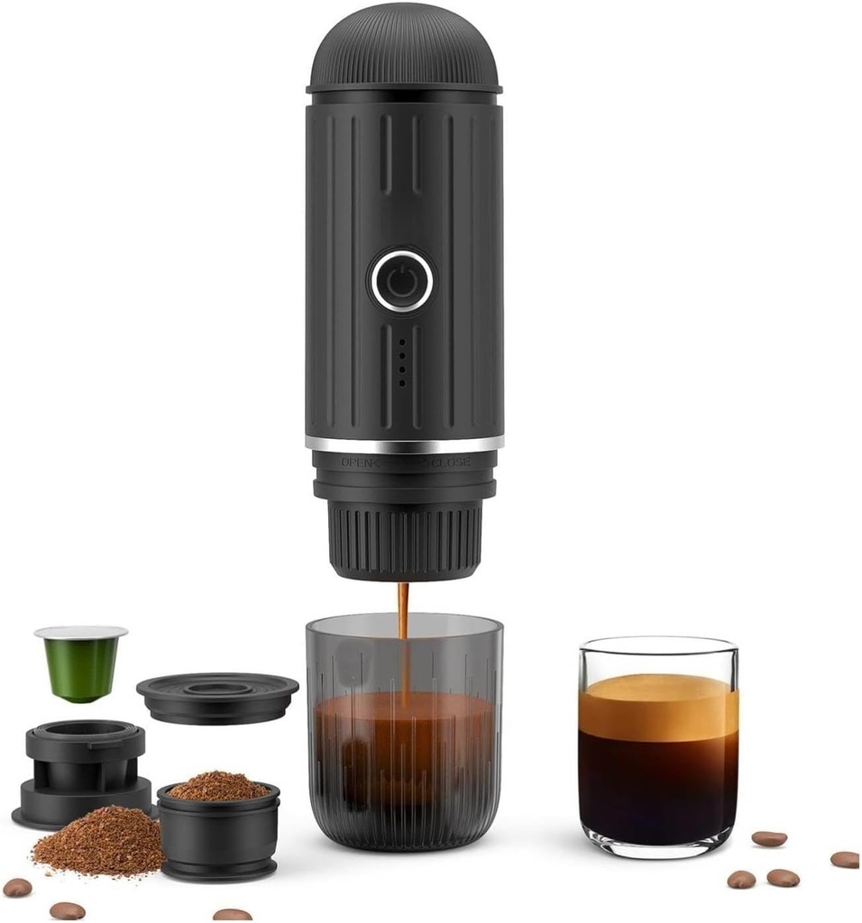 Portable Espresso Machine with 3-4 Min Self-heating, 12V Rechargeable Electric Coffee Machine 19 Bar Compatible with NS Capsules and Ground Coffee for Car Camping Travelling