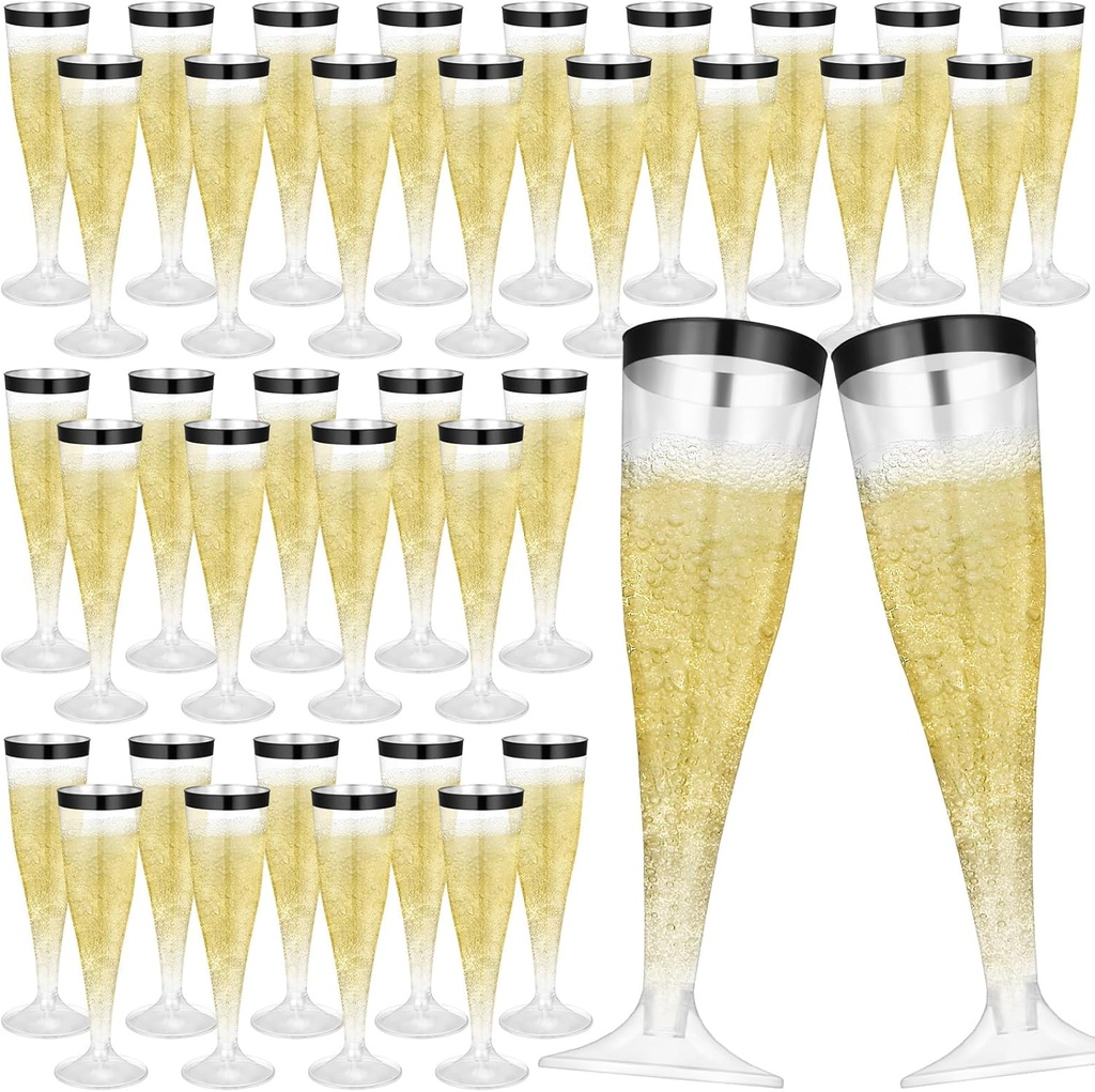 36 Pcs Plastic Champagne Flutes 4.5 oz Clear Toasting Glasses Cocktail Cup Wine Disposable Champagne Glass for Halloween Christmas Wedding Birthday Party (Black)