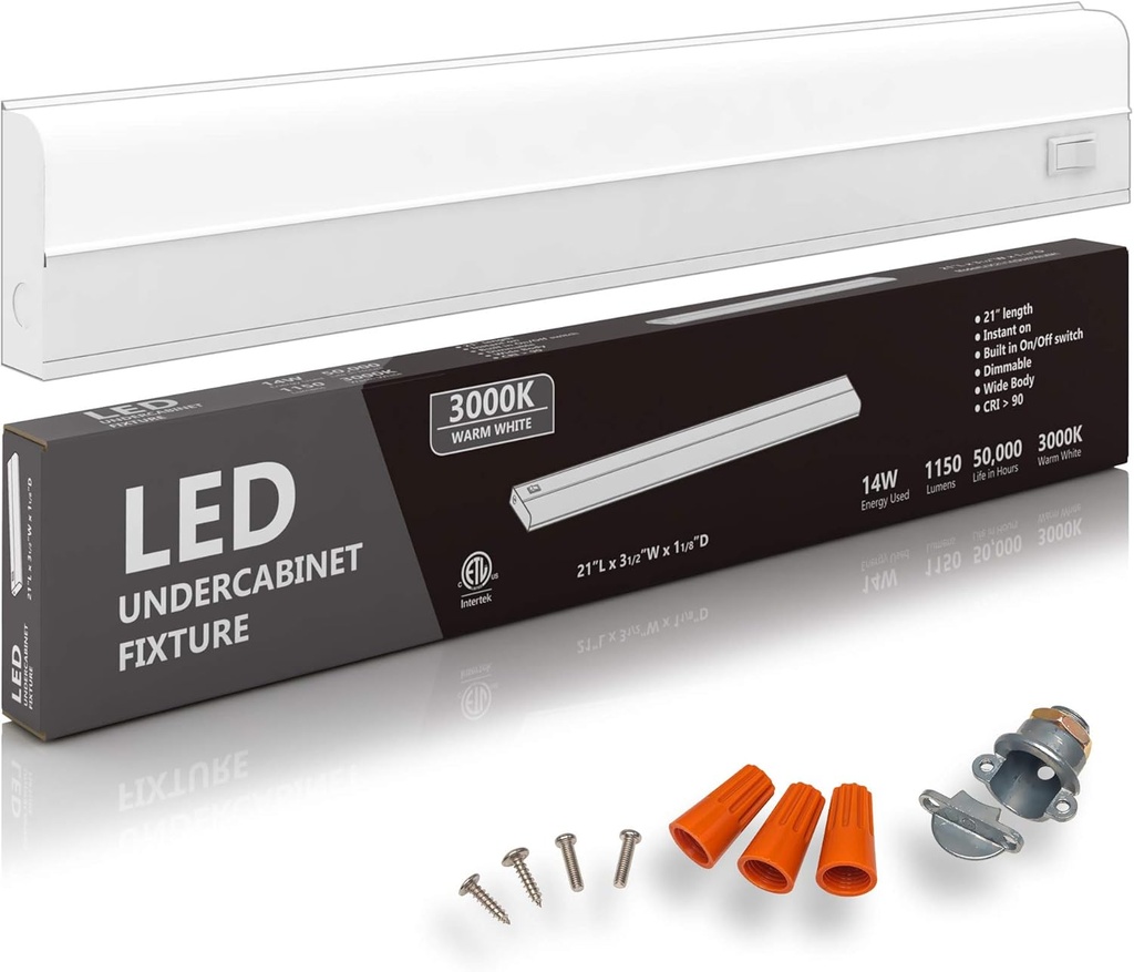 Hardwired LED Under Cabinet Task Lighting - 14 Watt, 21", Dimmable, 3000K (Warm White), Wide Body, Long Lasting Metal Base with Frost Lens