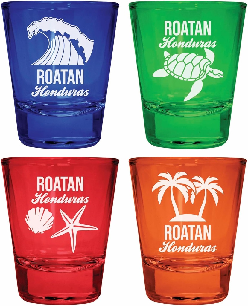 R and R Imports Roatan Honduras Souvenir 4-Pack Multicolor Engraved Round Shot Glasses Beach Set