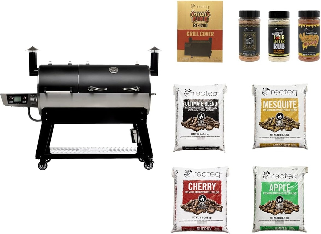 recteq DualFire 1200 Wood Pellet Smoker Grill, Wi-Fi Electric Pellet Grills, Dual Chambers for Hot and Fast + Low and Slow Cooking, DualFire 1200 + Grilling Basics Bundle