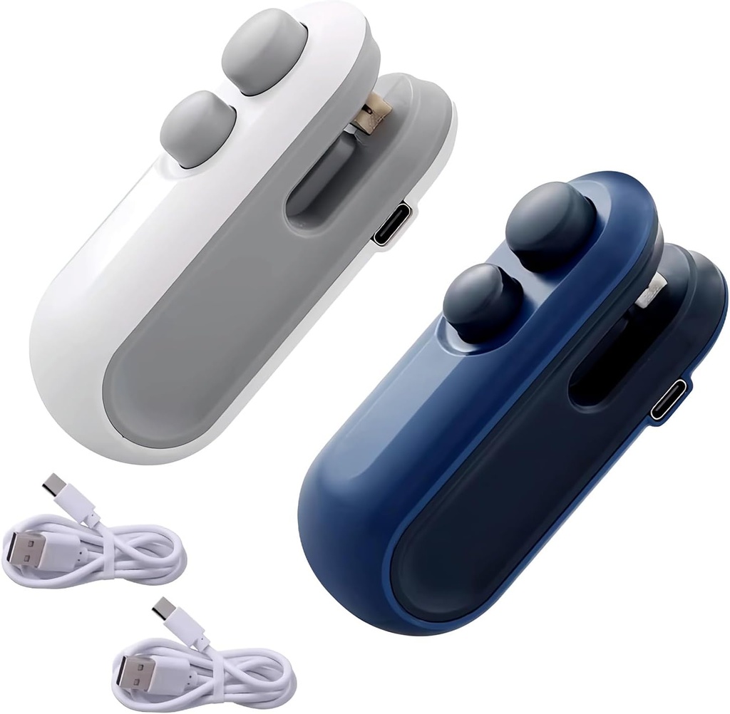 Mini Bag Sealer, 2025 Premium Small 2 in 1 Rechargeable Magnetic Snack Sealer Household Mini, 2 in 1 Magnetic Food Sealer, Heat Sealer with Cutter USB Rechargeable for Kitchen (White, Blue)