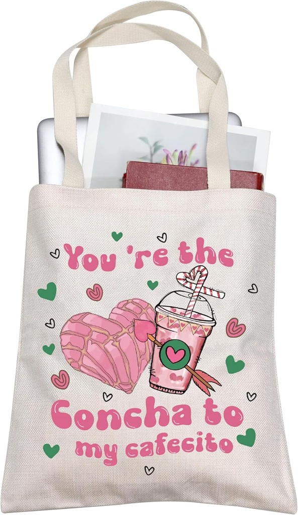 BLUPARK Funny Cafecito y Chisme Valentine's Day Tote Mexican Coffee Tote Bag Mexican Concha Pun Gift Mexican Themed Bag