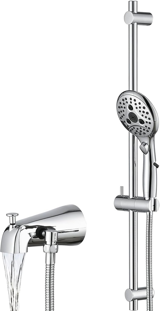 PROOX All Metal Diverter Tub Spout, 6 Settings Hand Held Shower with ON/Off Pause Switch, Adjustable Slide Bar, Chrome
