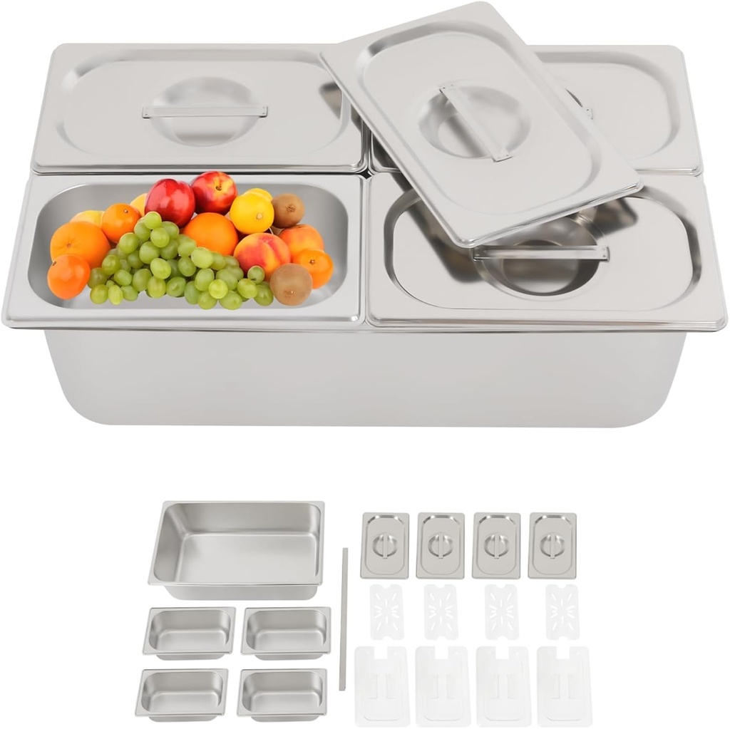 Countertop Food Serving Display Container, 4 Pan Stainless Steel Food Serving Tray Detachable Food Storage Container, Buffet Condiment Dispenser Display Rack (2.36Qt/Each Pan)