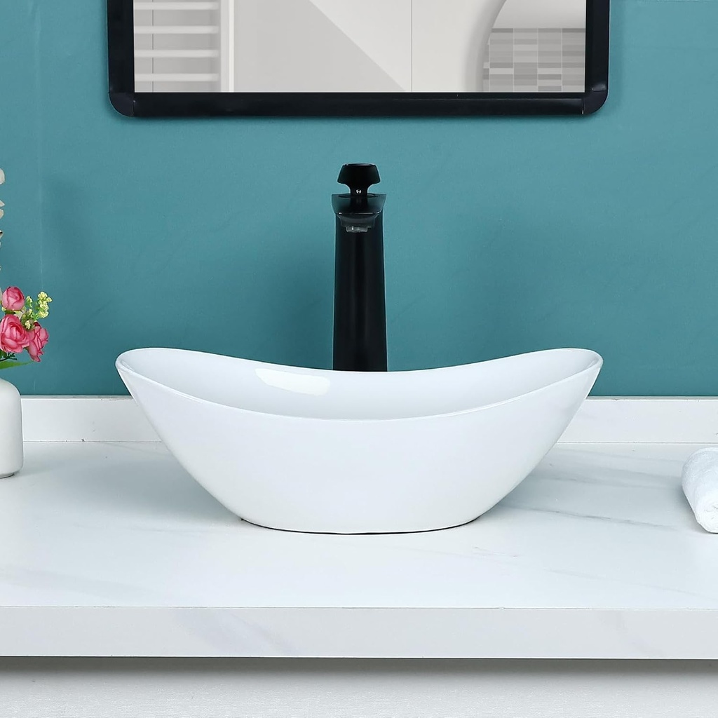 Davivy 16.5'' X 11.0'' White Oval Vessel Sink with Pop Up Drain,Small Oval Bathroom Vessel Sinks,White Ceramic Bathroom Sinks Above Counter,Boat Shape Oval Vessel Sink for Bathroom