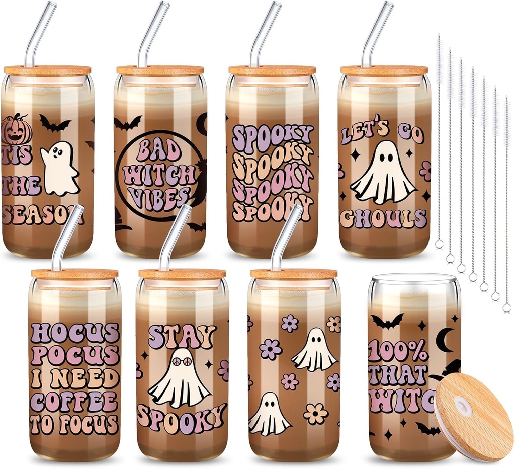 8 Pcs Halloween Drinking Party Glasses 16 oz Ghost Flower Glass Cup with Lid and Straw Spooky Can Shaped Beer Glass Skull Bat Mason Jar Glass Cups for Halloween Party Gift (Cute)