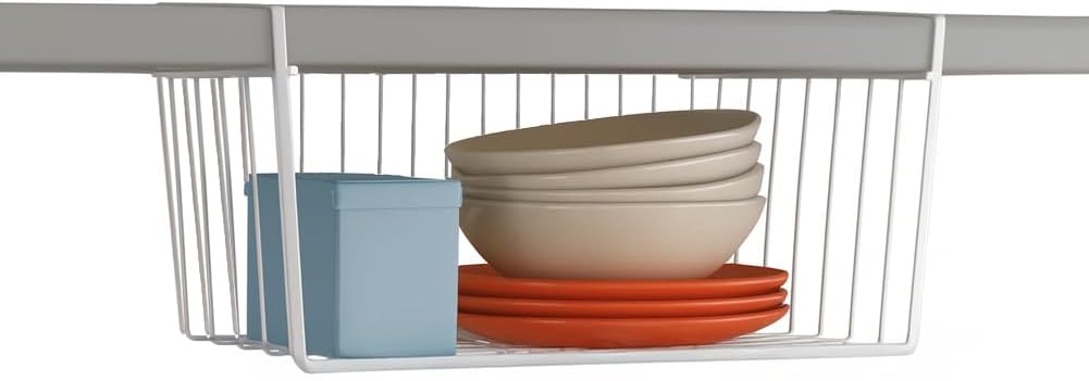 Modern Home Under Shelf Wire Storage Baskets – Hanging Organizer Rack for Cabinet, Pantry, or Closet – White Metal Basket for Kitchen, Towels, or Office – No Tools Required (15")