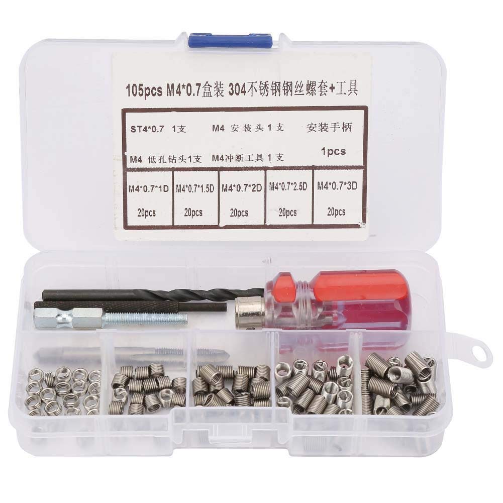 105pcs Threaded Inserts Repair Kit Stainless Steel Helicoil Type Wire Insert Installation Set (M4 x 0.7)