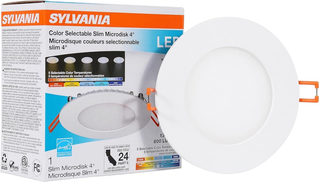 LEDVANCE Sylvania LED 4" Slim Microdisk, Junction Box Recessed Downlight Kit, 13W, Dimmable, 5 CCT Color Select (2700K / 3000K / 3500K / 4000K / 5000K), 90 CRI - 1 Pack (61404)