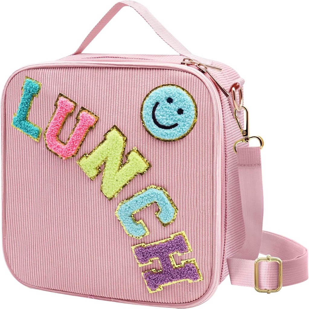 Insulated Lunch Bag With Adjustable Shoulder Strap, Cute Corduroy Preppy Lunch Box Large Insulated Lunch Bag Reusable Lunch Tote Bag with Smiley Preppy LunchBag for Girls School Travel Picnic (Pink)