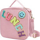 Insulated Lunch Bag With Adjustable Shoulder Strap, Cute Corduroy Preppy Lunch Box Large Insulated Lunch Bag Reusable Lunch Tote Bag with Smiley Preppy LunchBag for Girls School Travel Picnic (Pink)