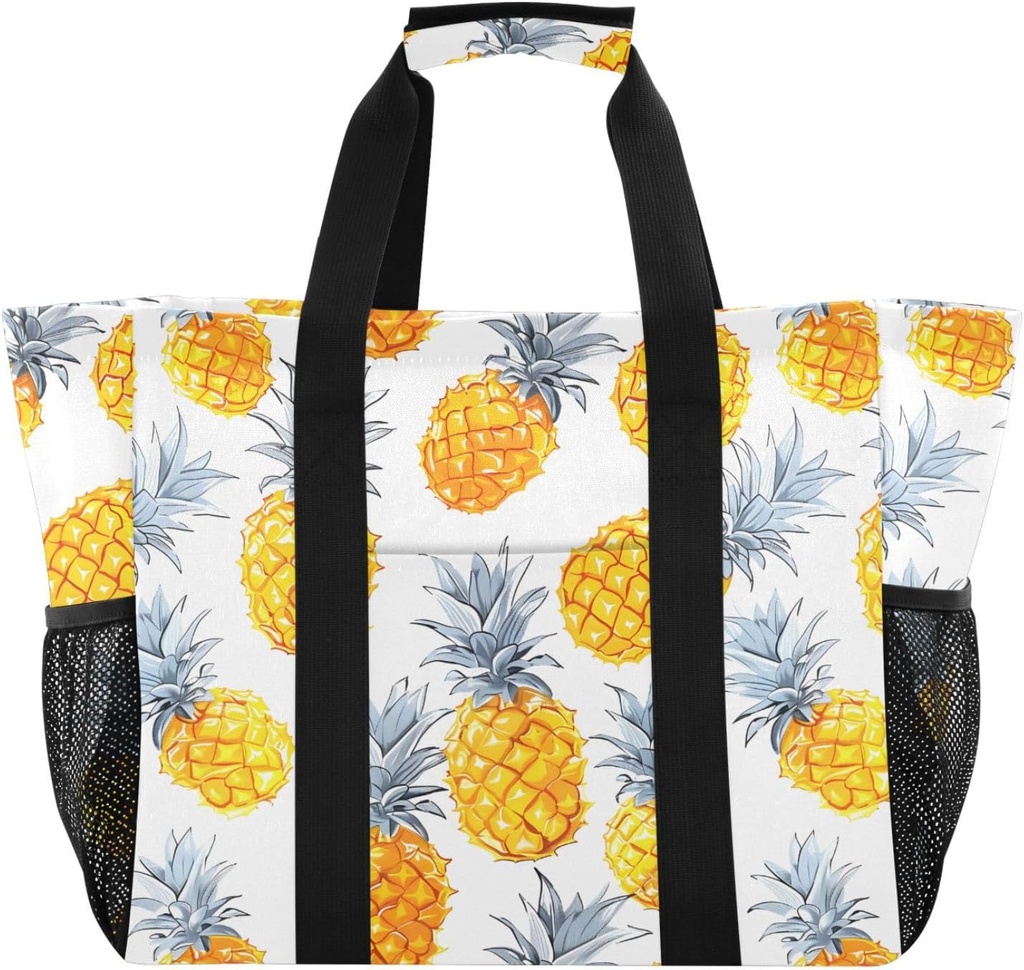 ALAZA White Pineapple Yellow Large Reusable Grocery Bag Heavy Duty Reusable Shopping Bag with Reinforced Bottom Handles Foldable Bag