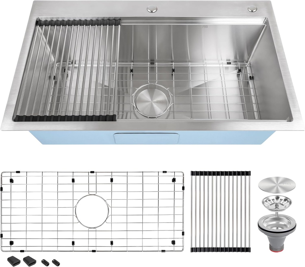 32 Inch Drop In Kitchen Sink-32x19 Single Bowl Workstation Sink 16 Gauge Stainless Steel Overmount Sink