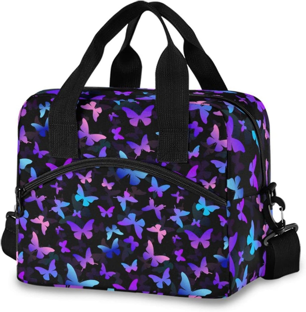 susiyo Blue and Purple Butterflies Lunch Bag, Insulated Tote Bag Cooler Lunch Box Bag for Women Men Work Picnic