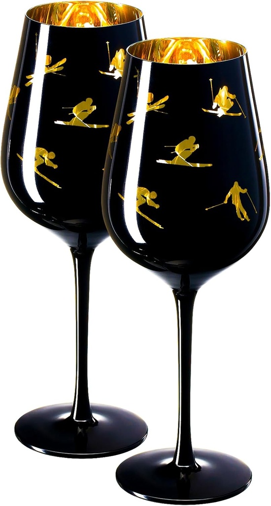 Crystal Stemmed Skiing, Apres Ski Skiier Wine Glasses Goblets - Set of 2-14oz Vibrant Themed Winter Snow Sports Ski & Snowboard Frosted Glass, Black & Gold Etched, Great for Gifts for Her, Him Skier