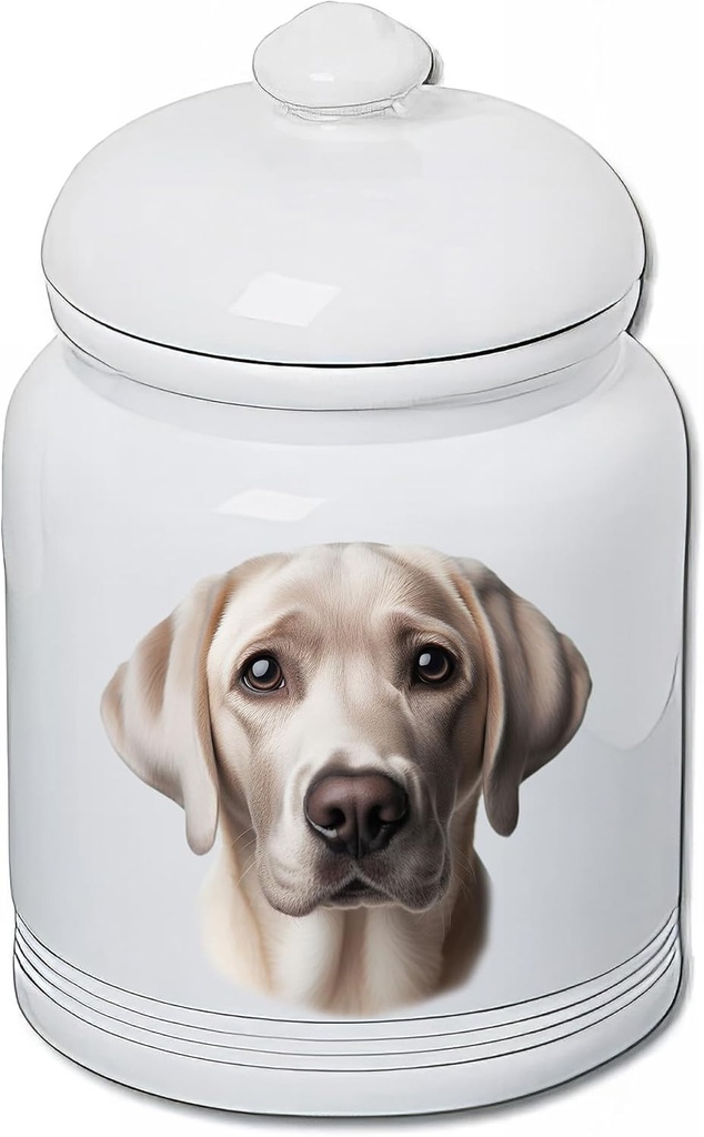 Best of Breed Silver Labrador Dog and Cat Ceramic Treat Jar 9" Tall Air Tight Seal All White