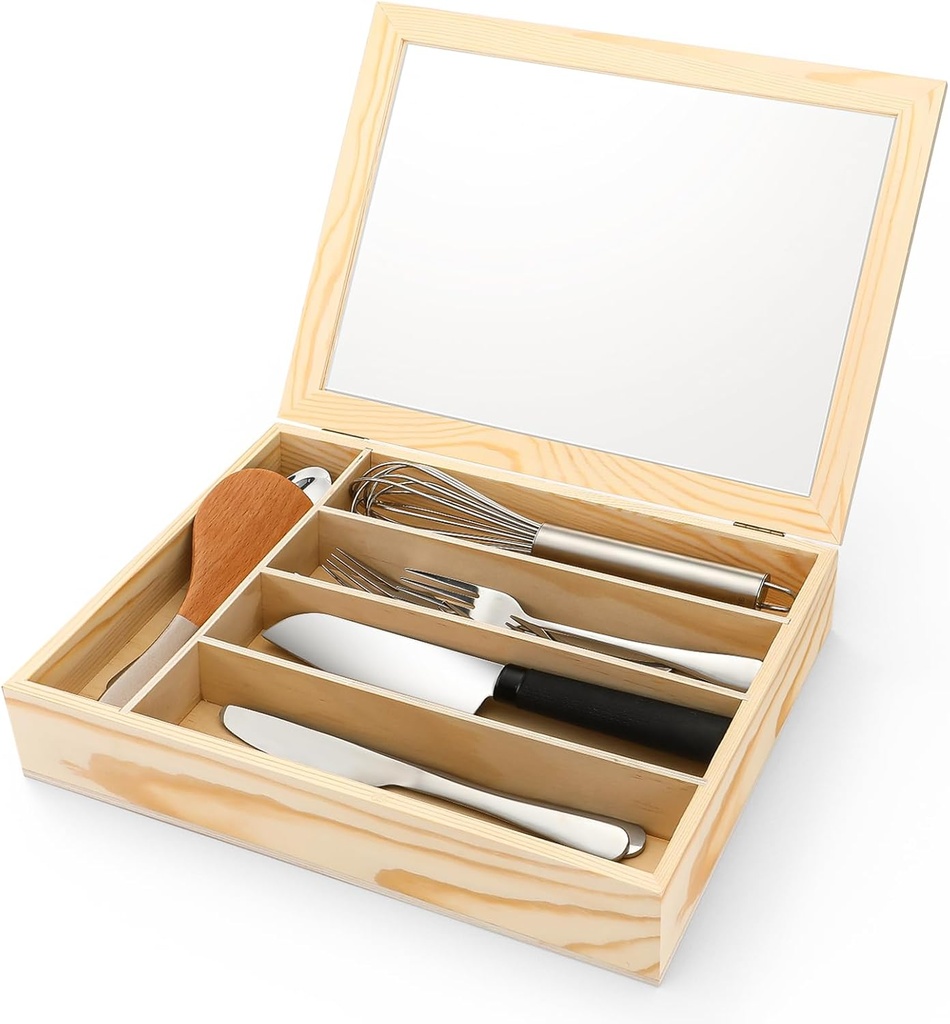 Baderke Silverware Storage Box with Lid Kitchen Drawer Organizer Utensil Organizer with Lid 5 Slots Wooden Silverware Storage Case Silverware Container Tray for Kitchen Cutlery Countertop