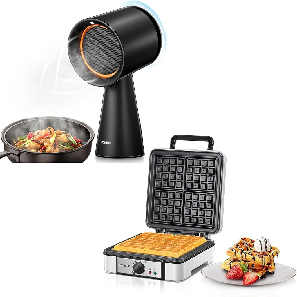 Belgian Waffle Maker 4 Slices, 1200W Square Waffle Iron & Portable Range Hood for Cooking, Desktop Range Hood with 3 Speed Exhaust Fan