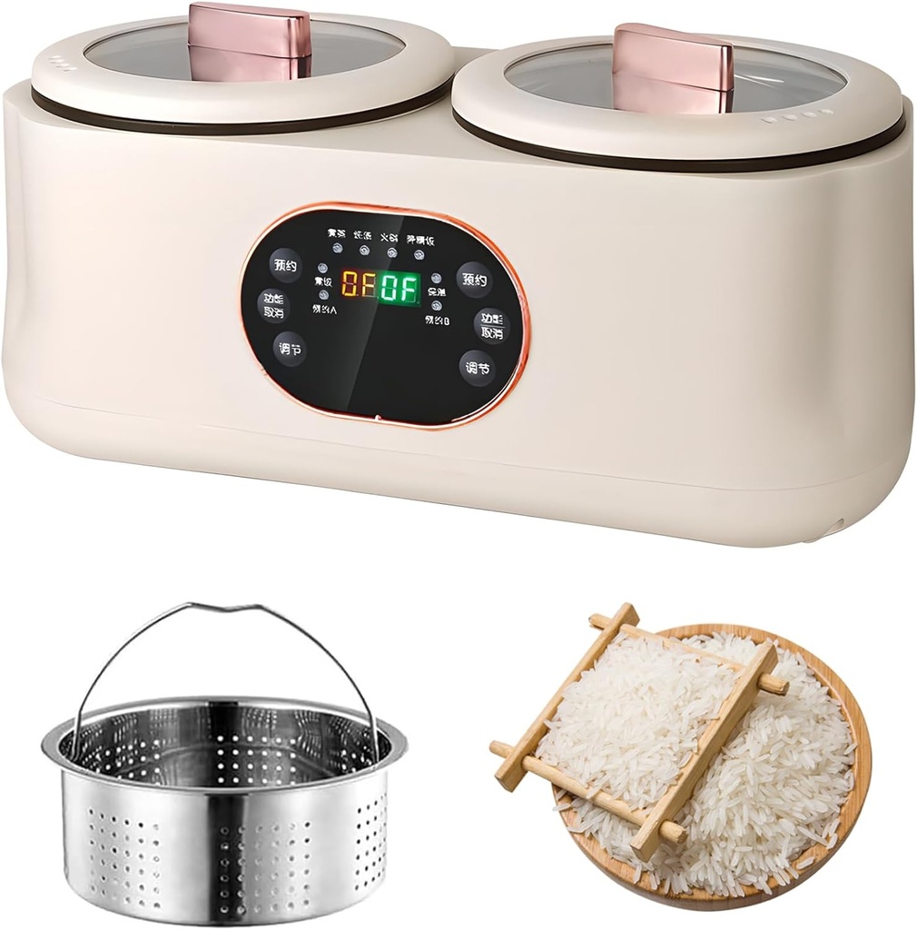 Double Slow Cooker, 1.8L+1.8l Rice Cooker with Double Pots, Timer and Keep Warm Function, for Cooking Porridge and Heating Rice