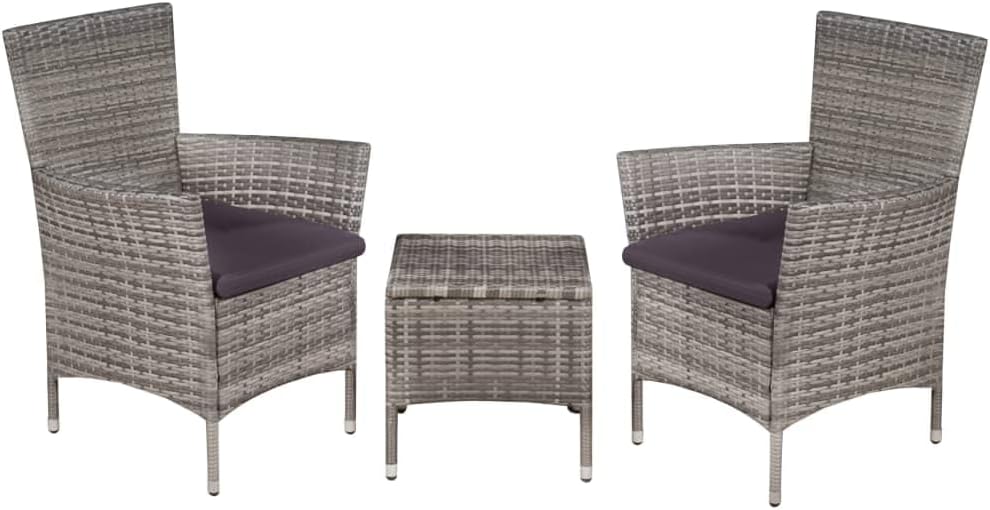 3 Piece Bistro Set with Cushions and Durable Rattan, Modern Outdoor Furniture, Gray