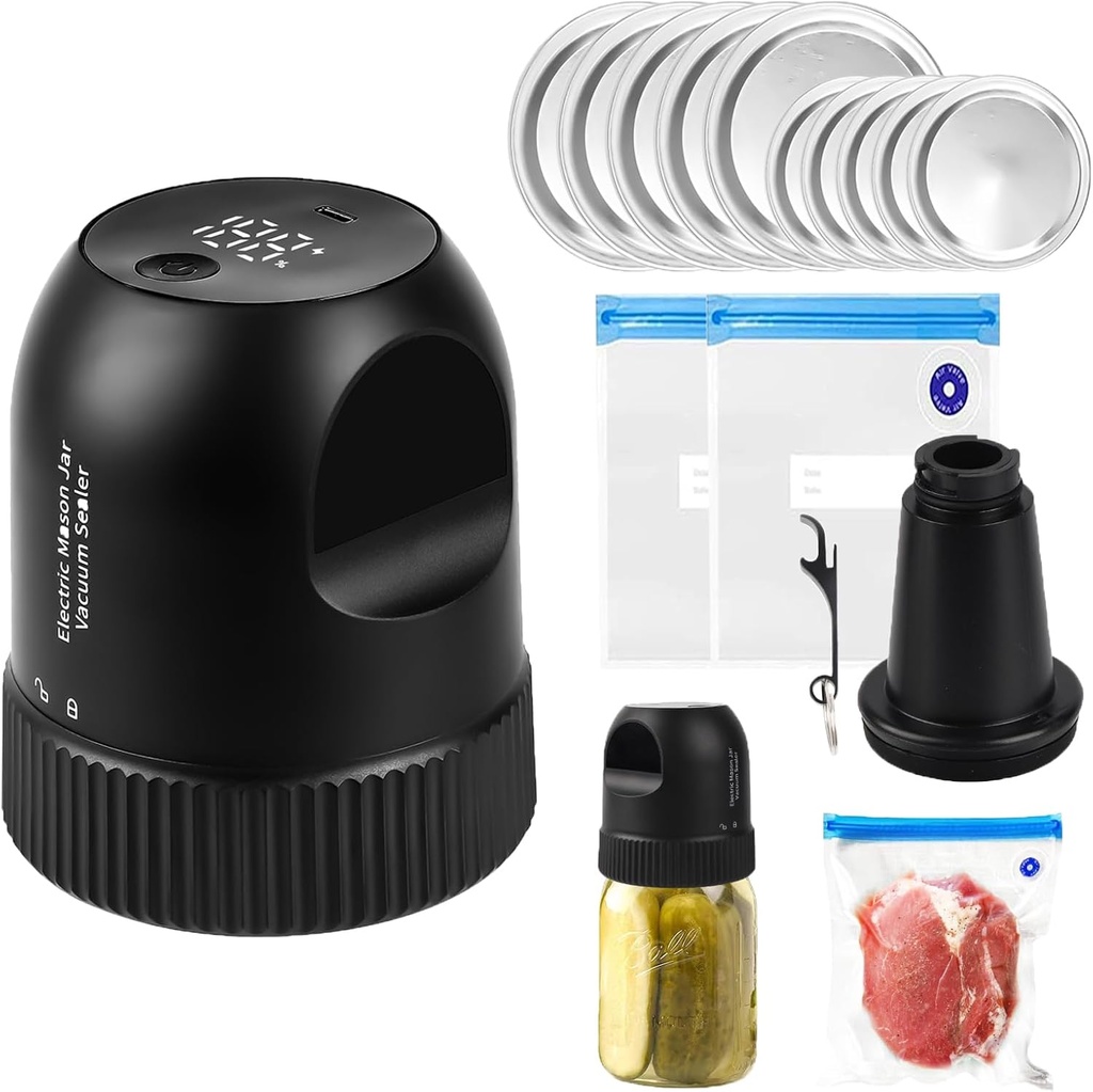Mason Jar Vacuum Sealer, 3 in 1 Electric Jar Sealer Kit for Regular or Wide Mouth Mason Jars, Vacuum Seal Bags, 10 Lids, 2 Bags, Can Opener, Automatic Canning Sealing Machine for Food Storage