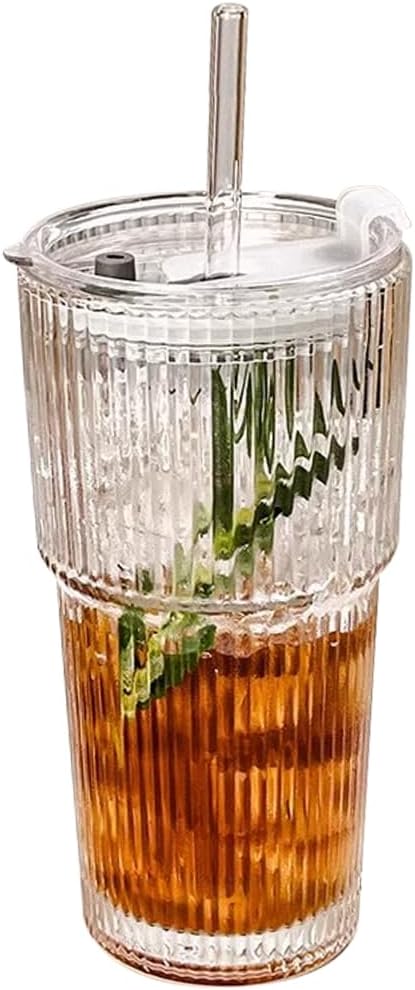 TINMIX 20OZ Glass Cups with Lids and Straws Mason Jar High Drinking Glasses Ribbed Glassware Iced Coffee Tumbler Smoothie Cup for Beer, Cocktail (1)