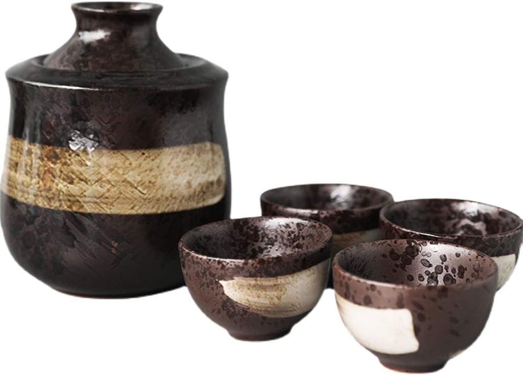 6 Pieces Sake Set, Japanese Traditional Retro Ceramics Sake Cup Set, Elegant Design Best Gift for Family and Friends, with 1 Warming Pot, 4 Sake Cups and 1 Sake Pot Cups