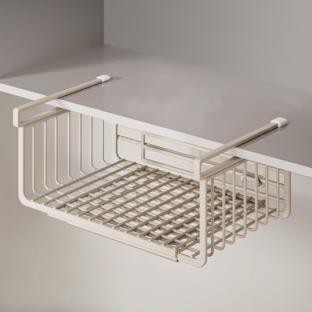Extendable Under Shelf Storage Basket, Hanging Baskets Under Cabinet Shelf Organizer, for Cabinet Pantry Kitchen Cupboard Desk Counter Bookshelf Organization Space Saver Heavy Duty Slide-in