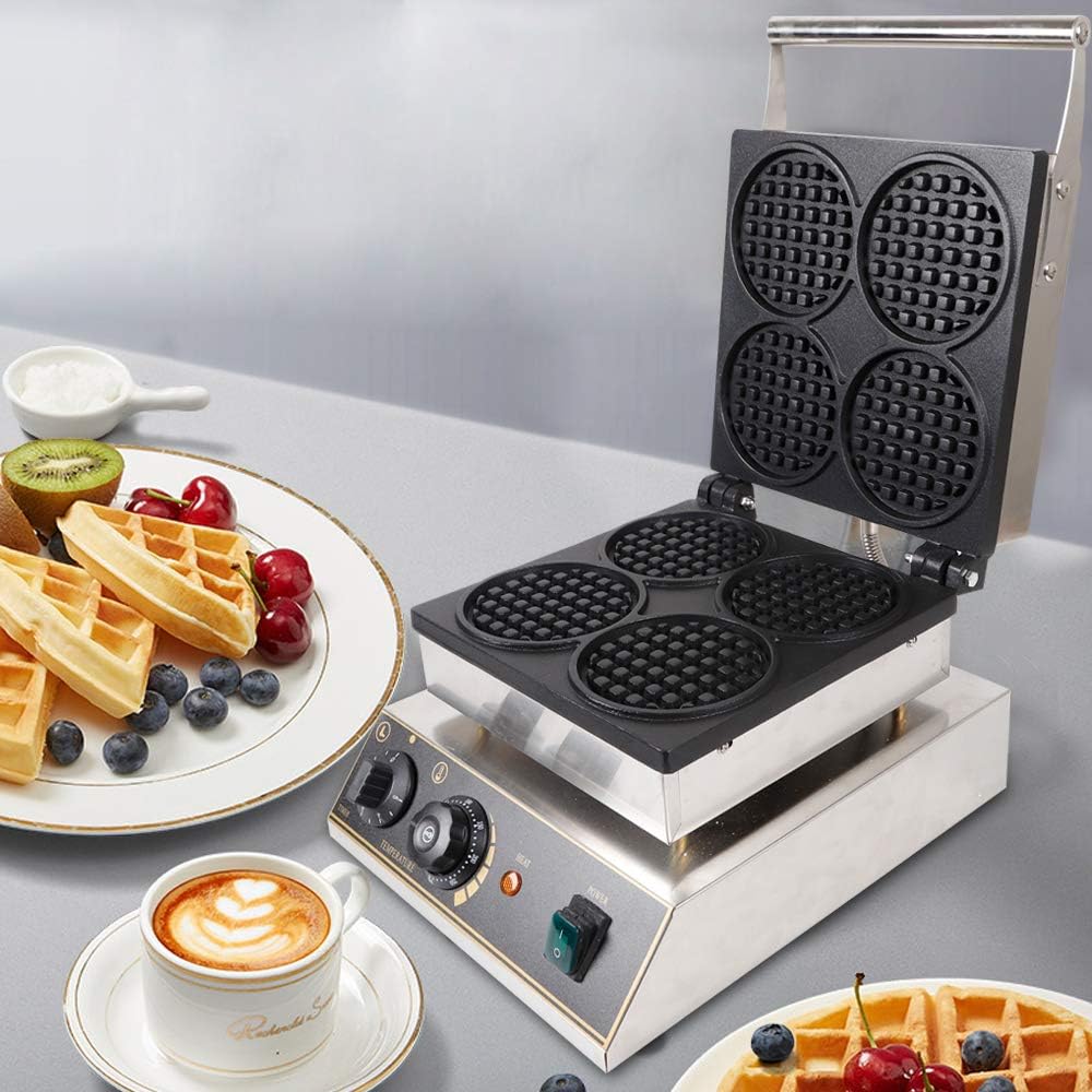 4pcs Commercial Waffle Maker 1750W Stainless Steel Nonstick Muffin Make Baker Machine 110V Round Muffin maker, Electric Steel Waffle Maker Machine W/Temperature&Time Control (4PCS)