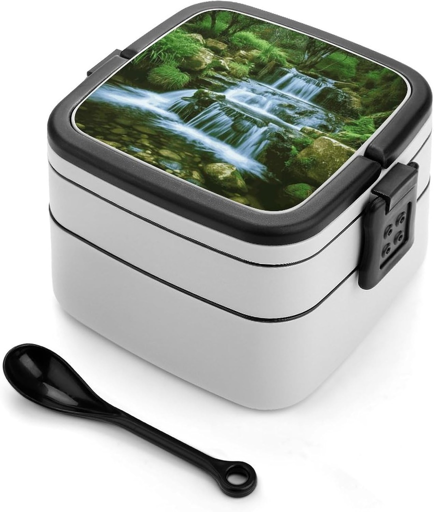Waterfall Flowing Down Bento Box Adult Lunch Box All-in-One Lunch Containers with Removable Compartments Double Layer Bento Lunch Box with Spoon And Handle Stackable Lunchbox