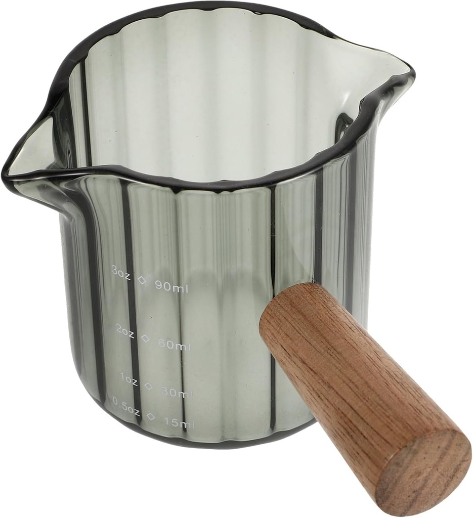 Glass Pitcher with Wood Handle Dual Spout Coffee Creamer Cup Stylish Ribbed Design for Milk Tea and Espresso Ergonomic and Versatile Kitchen Pourer