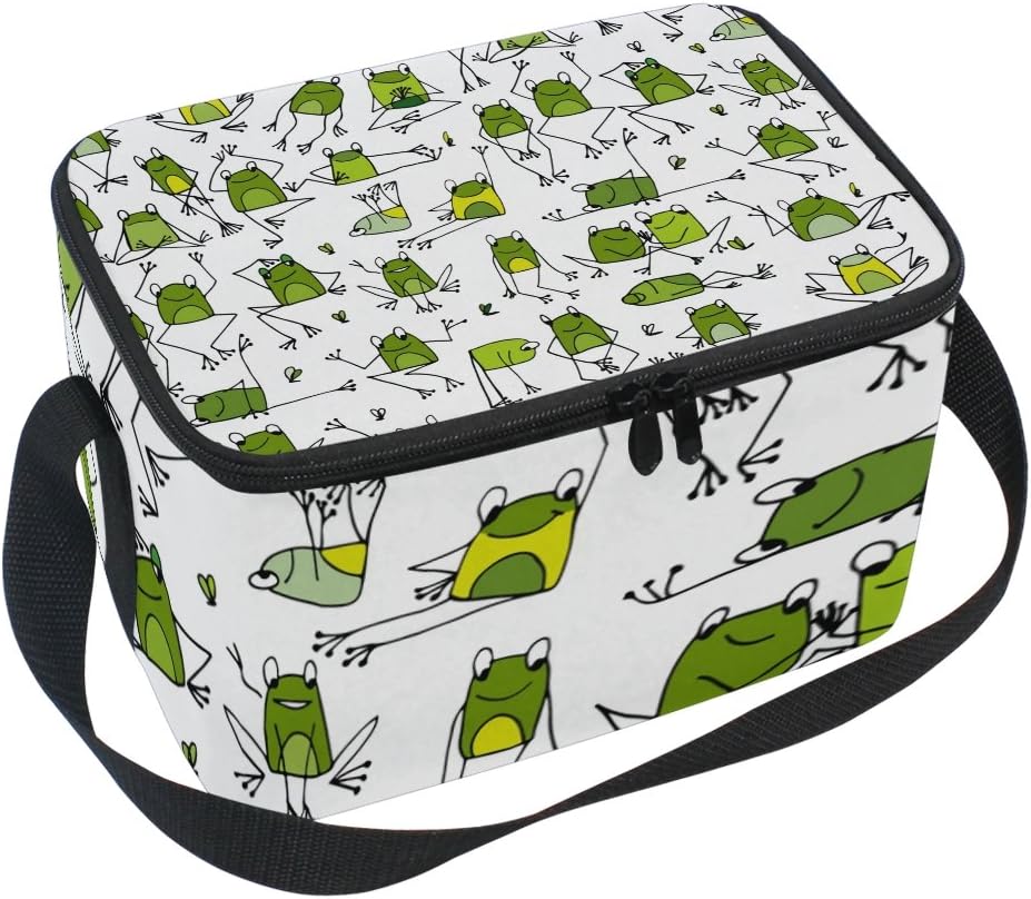 Lunch Insulated Neoprene Lunch Bag for Women and Kids - Funny Frogs Printed Reusable Soft Lunch Tote for Work and School with Shoulder Strap