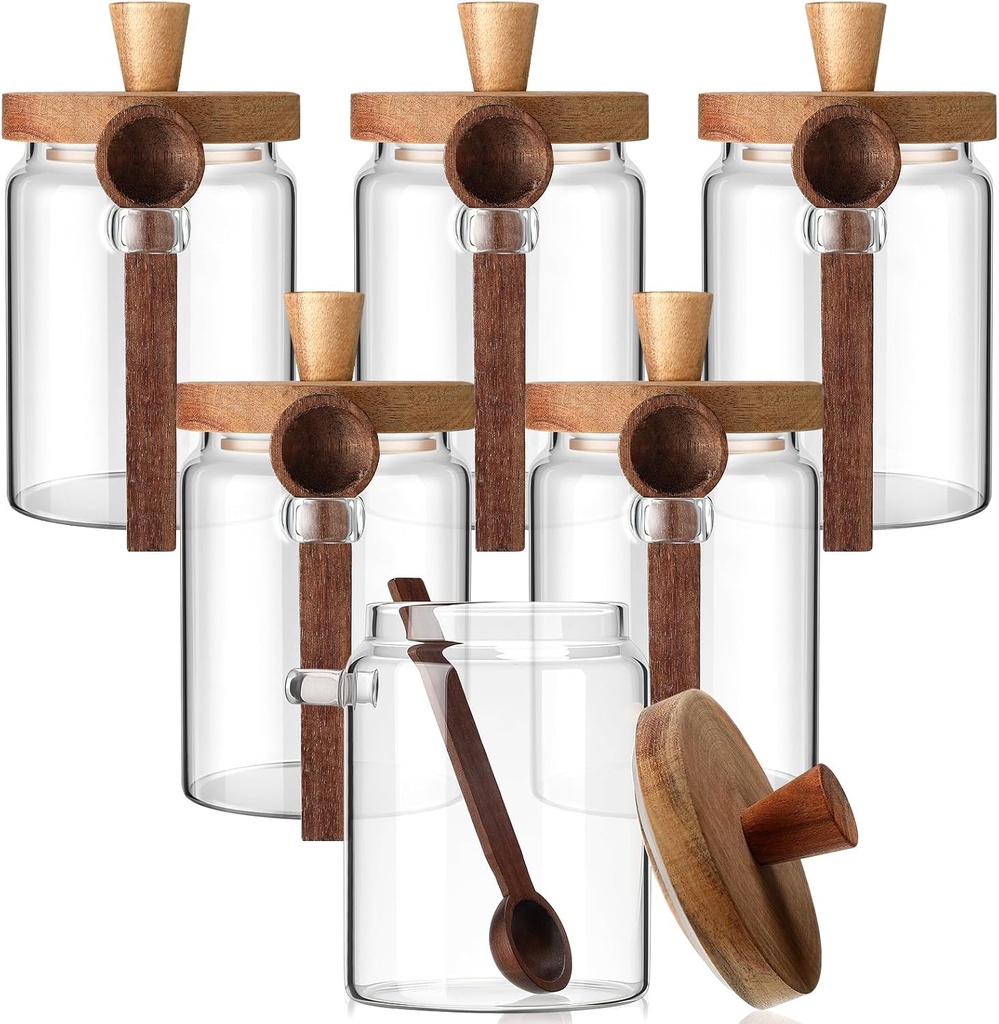 Remerry Set of 6 Glass Jar with Wooden Lid and Spoon, 18 oz Clear Airtight Spice Canisters Glass Food Storage Kitchen Containers Set for Coffee Bean Tea Sugar