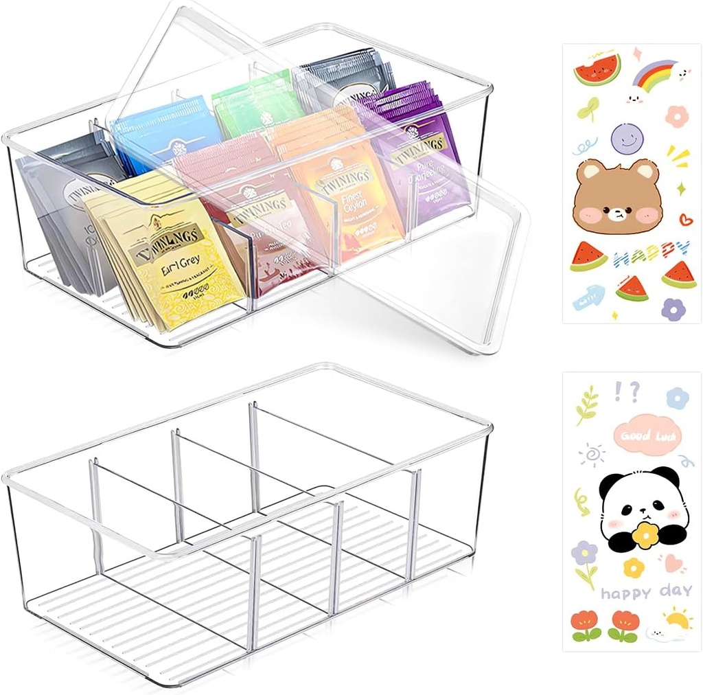 2 Pcs Plastic Tea Bag Organizer with Lid, Clear Stackable Tea Packet Storage with 4 Drawers and 2 Stickers, Divided Tea Bag Holder for Coffee Sugar Snacks, Acrylic Tea Box for Kitchen Office Pantry